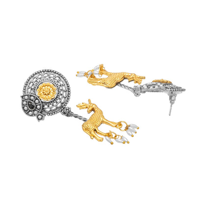 Traditional Indian Dual Two Tone Plated CZ, Pearl Studded Flower and Deer Design Medium Drop Earring For Women (SJE_279_S_BK)