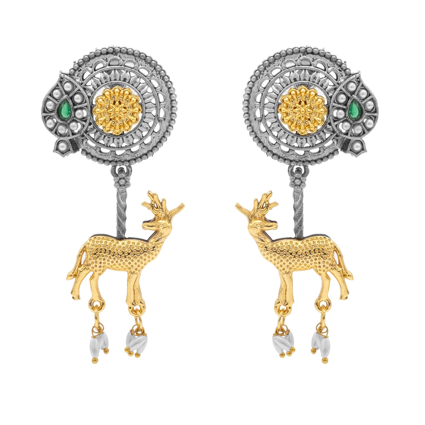 Traditional Indian Dual Two Tone Plated CZ, Pearl Studded Flower and Deer Design Medium Drop Earring For Women (SJE_279_S_G)
