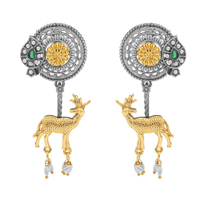 Traditional Indian Dual Two Tone Plated CZ, Pearl Studded Flower and Deer Design Medium Drop Earring For Women (SJE_279_S_G)