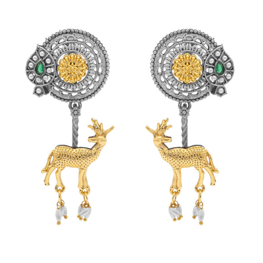 Traditional Indian Dual Two Tone Plated CZ, Pearl Studded Flower and Deer Design Medium Drop Earring For Women (SJE_279_S_G)