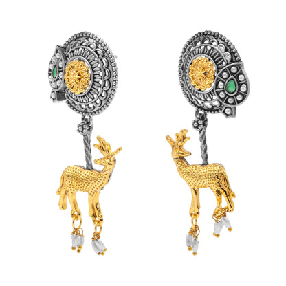 Traditional Indian Dual Two Tone Plated CZ, Pearl Studded Flower and Deer Design Medium Drop Earring For Women (SJE_279_S_G)