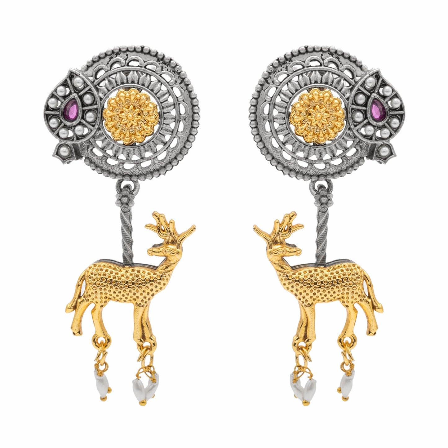 Traditional Indian Dual Two Tone Plated CZ, Pearl Studded Flower and Deer Design Medium Drop Earring For Women (SJE_279_S_M)
