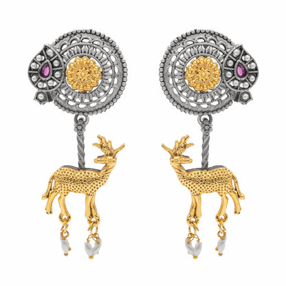 Traditional Indian Dual Two Tone Plated CZ, Pearl Studded Flower and Deer Design Medium Drop Earring For Women (SJE_279_S_M)