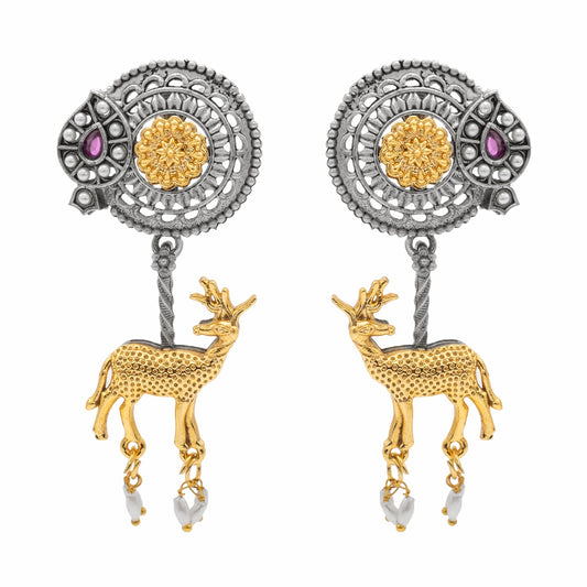 Traditional Indian Dual Two Tone Plated CZ, Pearl Studded Flower and Deer Design Medium Drop Earring For Women (SJE_279_S_M)
