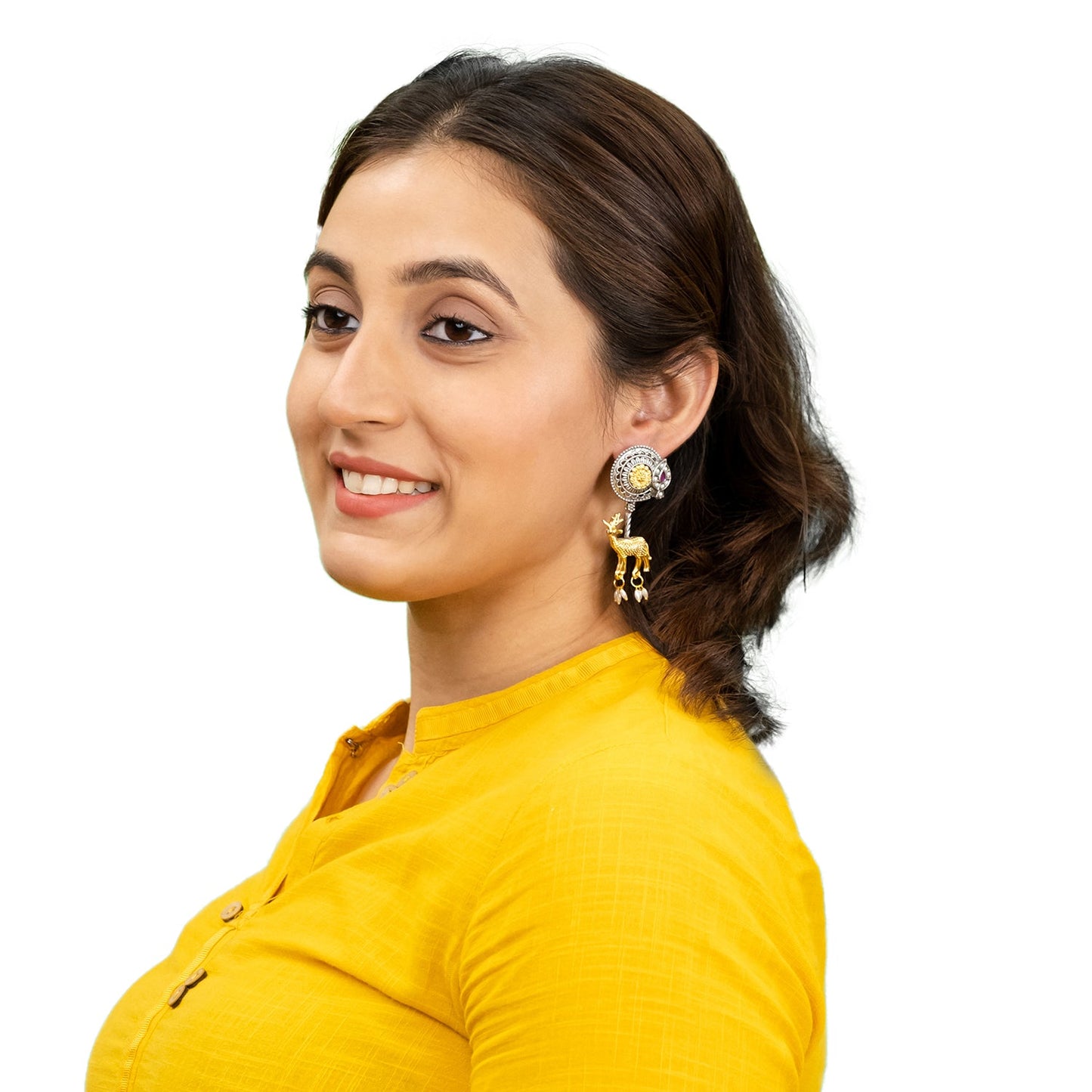 Traditional Indian Dual Two Tone Plated CZ, Pearl Studded Flower and Deer Design Medium Drop Earring For Women (SJE_279_S_M)