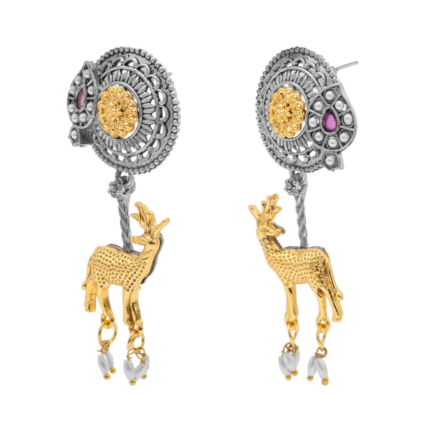 Traditional Indian Dual Two Tone Plated CZ, Pearl Studded Flower and Deer Design Medium Drop Earring For Women (SJE_279_S_M)