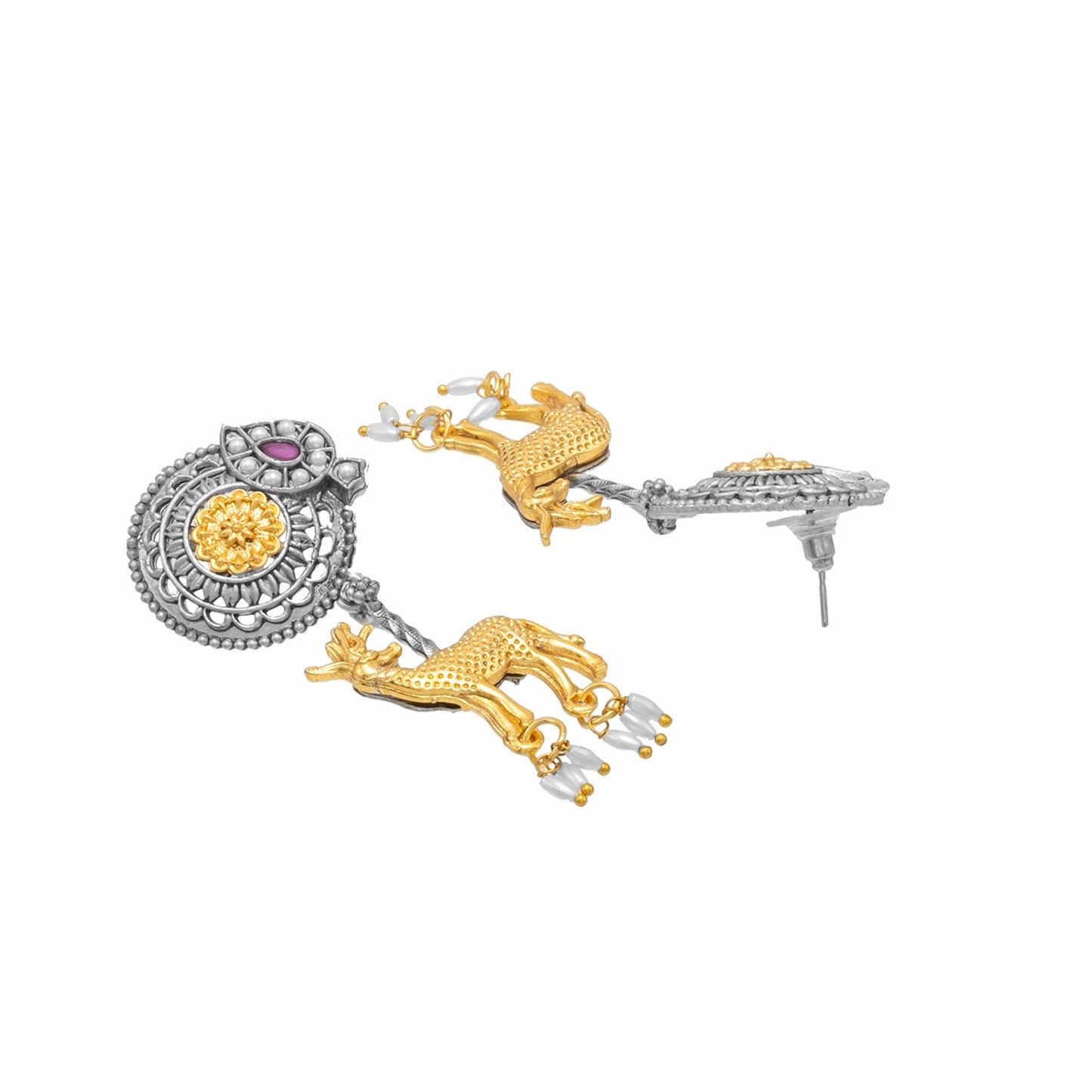 Traditional Indian Dual Two Tone Plated CZ, Pearl Studded Flower and Deer Design Medium Drop Earring For Women (SJE_279_S_M)