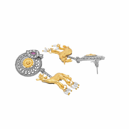Traditional Indian Dual Two Tone Plated CZ, Pearl Studded Flower and Deer Design Medium Drop Earring For Women (SJE_279_S_M)