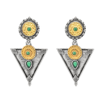 Antique Dual Two Tone Plated Traditional Floral Bird Design with Pearls Drop Long Earrings for Women (SJE_281_S_G)