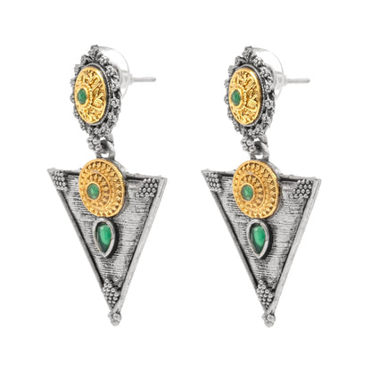 Antique Dual Two Tone Plated Traditional Floral Bird Design with Pearls Drop Long Earrings for Women (SJE_281_S_G)