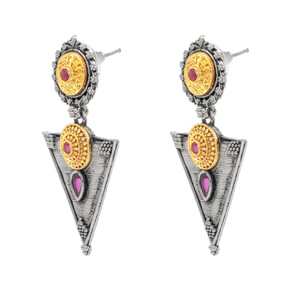 Antique Dual Two Tone Plated Traditional Floral Bird Design with Pearls Drop Long Earrings for Women (SJE_281_S_M)