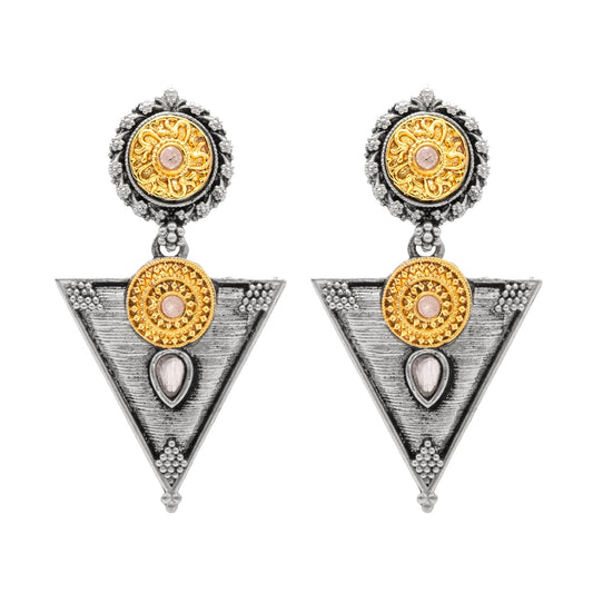 Antique Dual Two Tone Plated Traditional Floral Bird Design with Pearls Drop Long Earrings for Women (SJE_281_S_P)