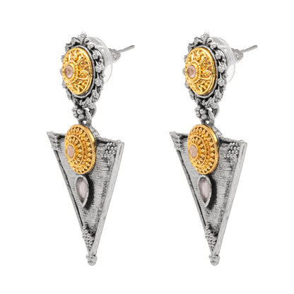 Antique Dual Two Tone Plated Traditional Floral Bird Design with Pearls Drop Long Earrings for Women (SJE_281_S_P)