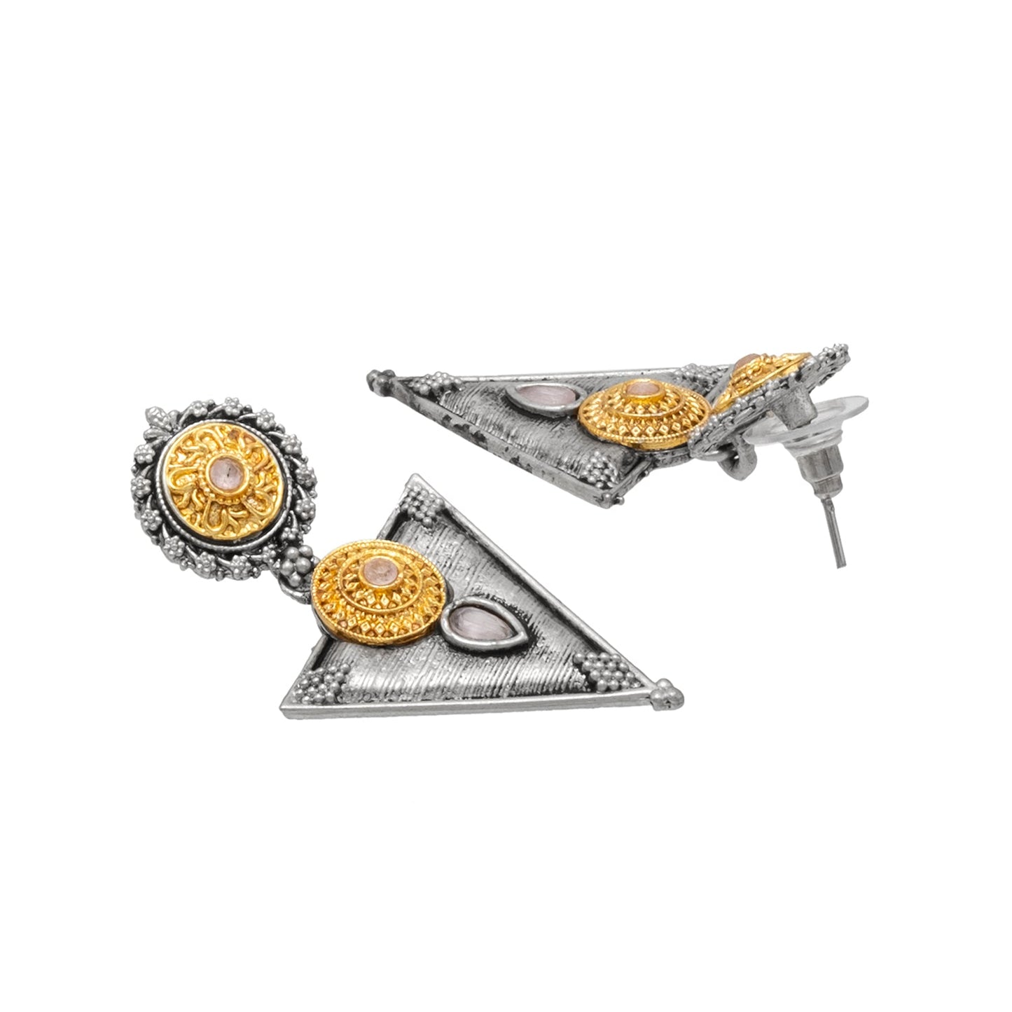 Antique Dual Two Tone Plated Traditional Floral Bird Design with Pearls Drop Long Earrings for Women (SJE_281_S_P)