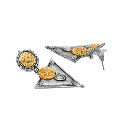 Antique Dual Two Tone Plated Traditional Floral Bird Design with Pearls Drop Long Earrings for Women (SJE_281_S_P)