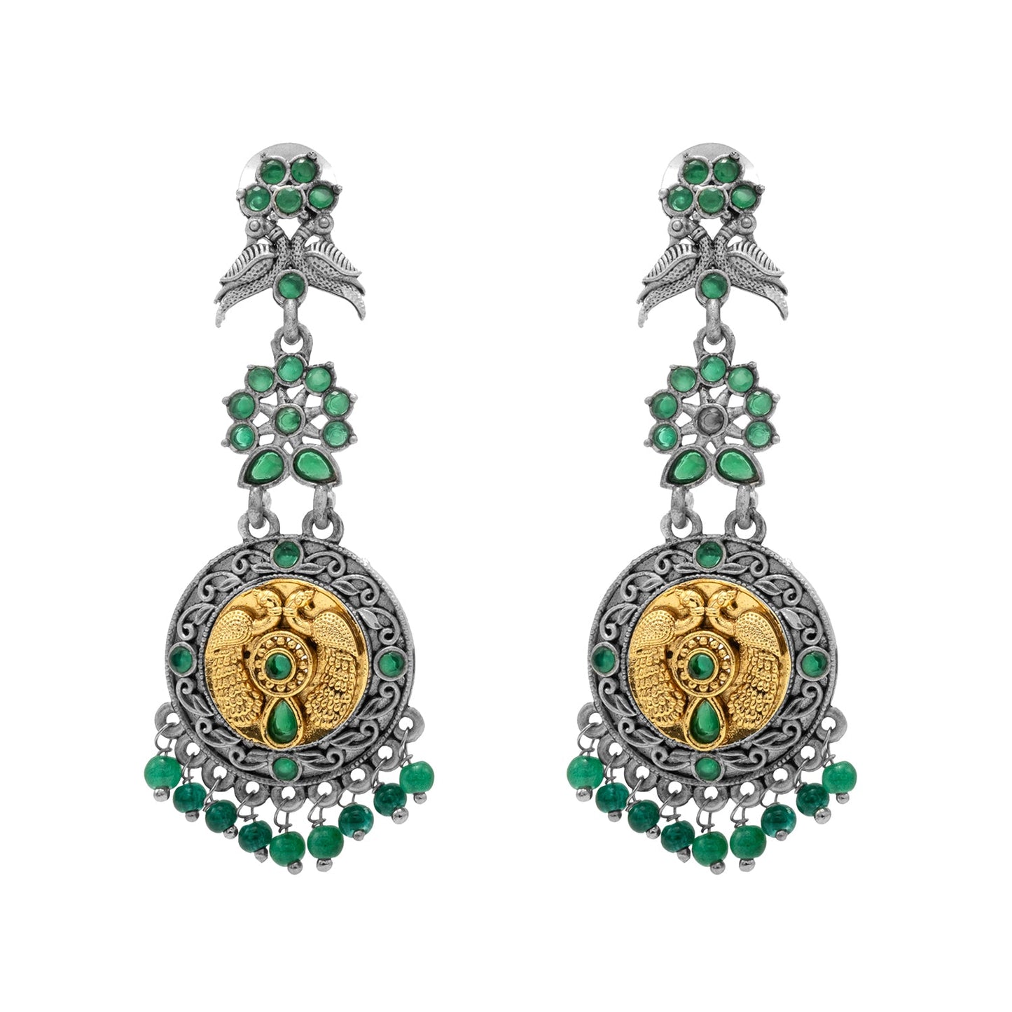 Antique Dual Two Tone Plated Traditional Floral Bird Design with Pearls Drop Long Earrings for Women (SJE_282_S_G)