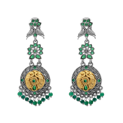 Antique Dual Two Tone Plated Traditional Floral Bird Design with Pearls Drop Long Earrings for Women (SJE_282_S_G)