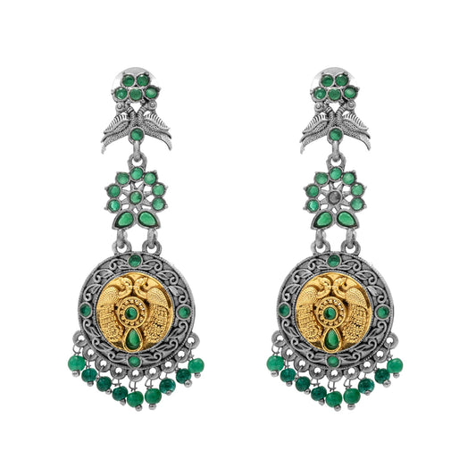 Antique Dual Two Tone Plated Traditional Floral Bird Design with Pearls Drop Long Earrings for Women (SJE_282_S_G)