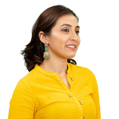 Antique Dual Two Tone Plated Traditional Floral Bird Design with Pearls Drop Long Earrings for Women (SJE_282_S_G)