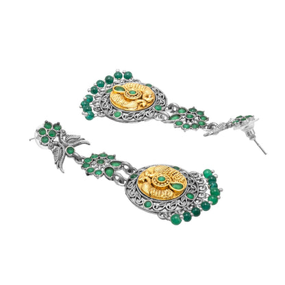 Antique Dual Two Tone Plated Traditional Floral Bird Design with Pearls Drop Long Earrings for Women (SJE_282_S_G)