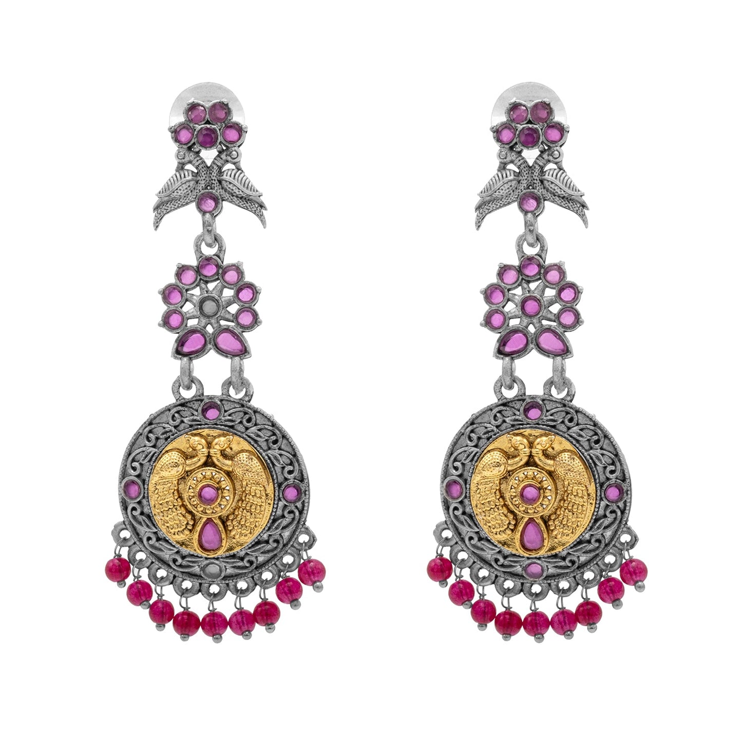 Antique Dual Two Tone Plated Traditional Floral Bird Design with Pearls Drop Long Earrings for Women (SJE_282_S_M)