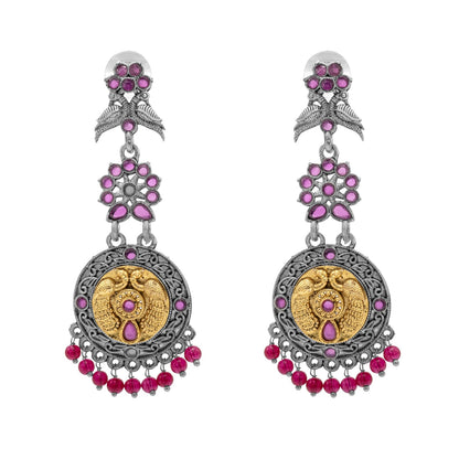 Antique Dual Two Tone Plated Traditional Floral Bird Design with Pearls Drop Long Earrings for Women (SJE_282_S_M)