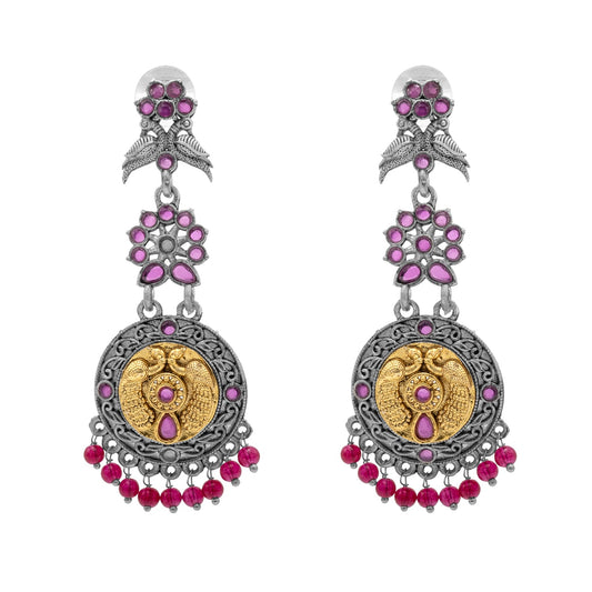 Antique Dual Two Tone Plated Traditional Floral Bird Design with Pearls Drop Long Earrings for Women (SJE_282_S_M)