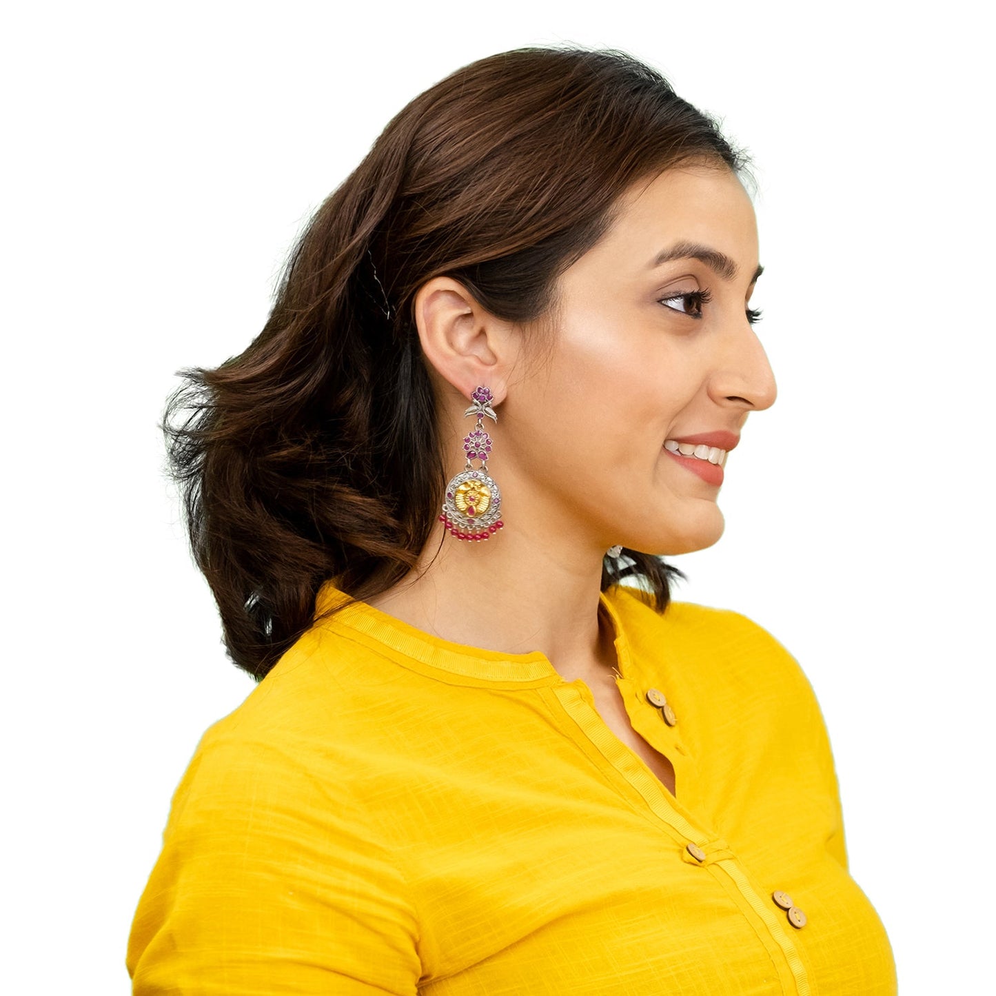 Antique Dual Two Tone Plated Traditional Floral Bird Design with Pearls Drop Long Earrings for Women (SJE_282_S_M)