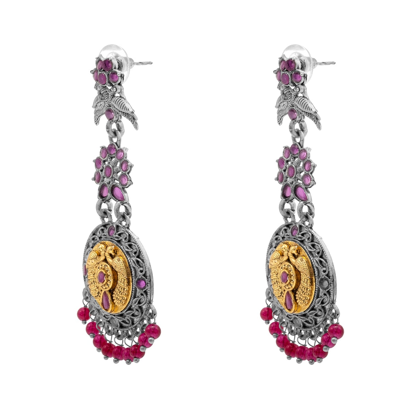 Antique Dual Two Tone Plated Traditional Floral Bird Design with Pearls Drop Long Earrings for Women (SJE_282_S_M)