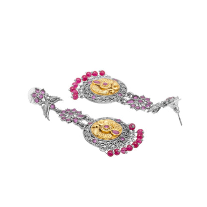 Antique Dual Two Tone Plated Traditional Floral Bird Design with Pearls Drop Long Earrings for Women (SJE_282_S_M)