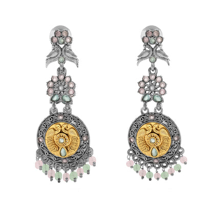 Antique Dual Two Tone Plated Traditional Floral Bird Design with Pearls Drop Long Earrings for Women (SJE_282_S_RG)