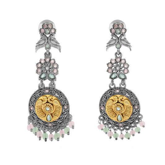 Antique Dual Two Tone Plated Traditional Floral Bird Design with Pearls Drop Long Earrings for Women (SJE_282_S_RG)