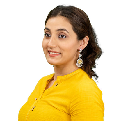 Antique Dual Two Tone Plated Traditional Floral Bird Design with Pearls Drop Long Earrings for Women (SJE_282_S_RG)