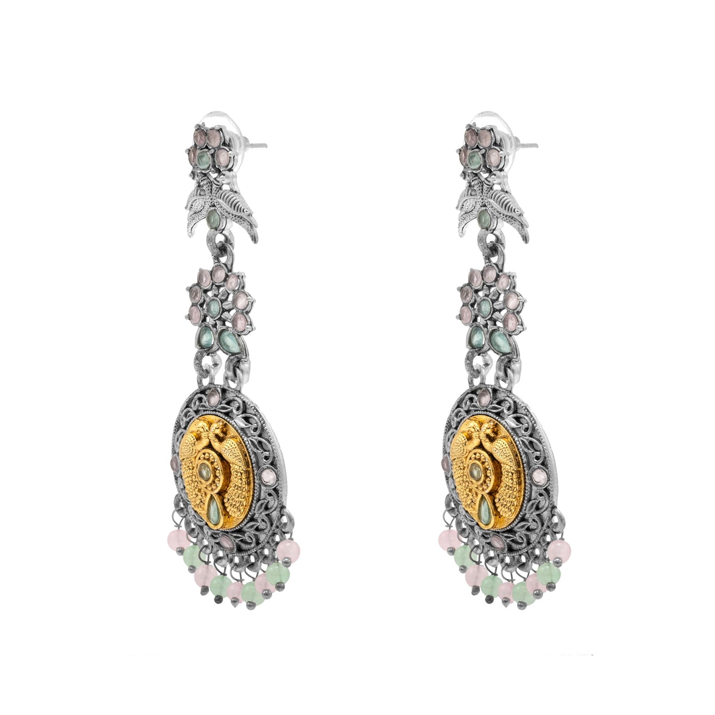 Antique Dual Two Tone Plated Traditional Floral Bird Design with Pearls Drop Long Earrings for Women (SJE_282_S_RG)