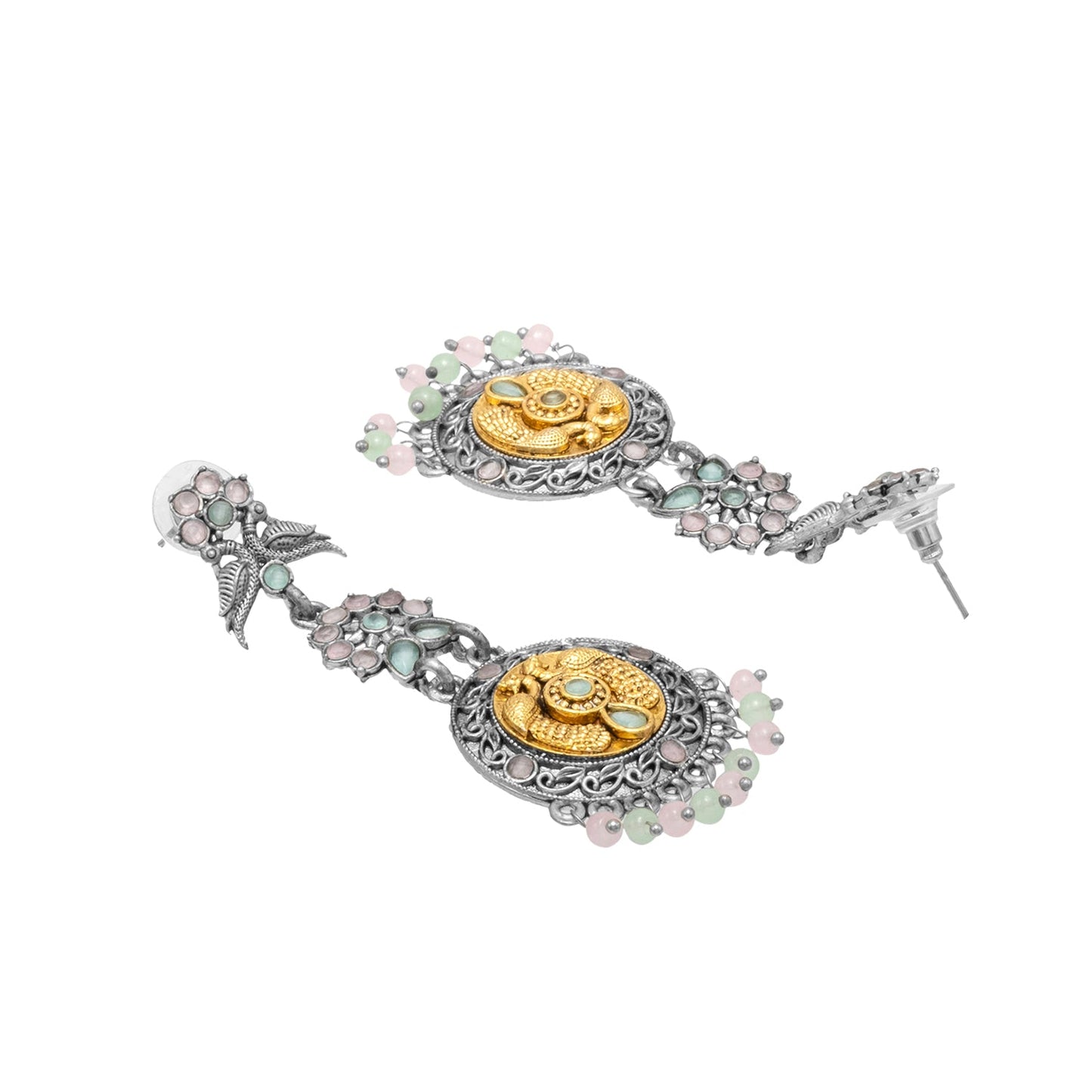 Antique Dual Two Tone Plated Traditional Floral Bird Design with Pearls Drop Long Earrings for Women (SJE_282_S_RG)