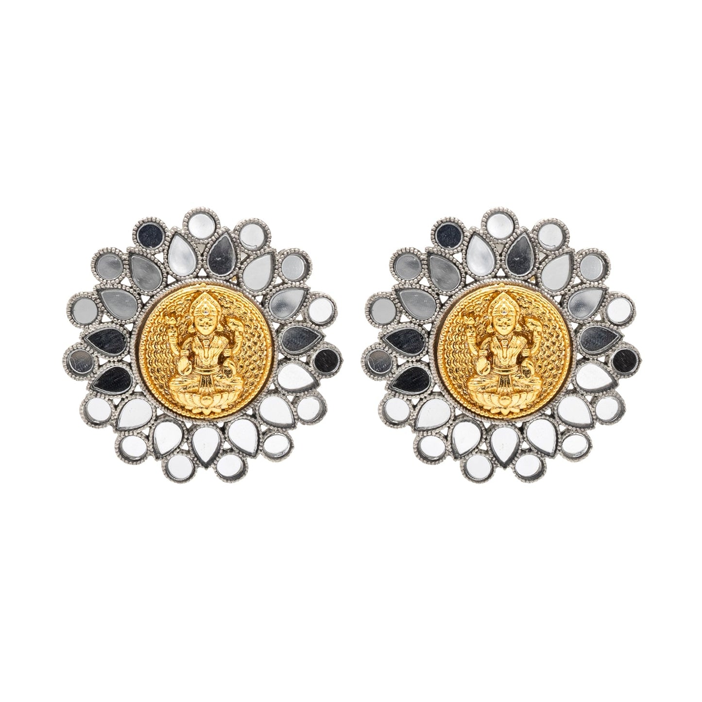 Dual Two Tone Mirror Design Flower Shape Stud Medium Sized Earring For Women (SJE_285)