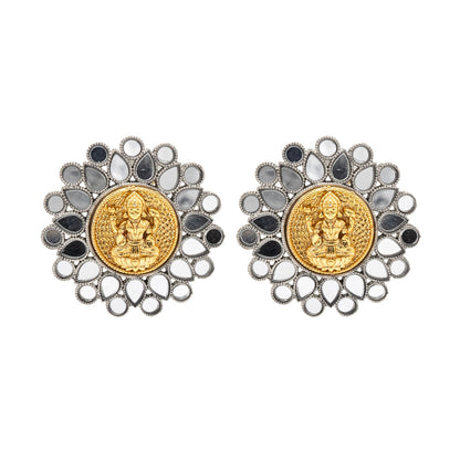 Dual Two Tone Mirror Design Flower Shape Stud Medium Sized Earring For Women (SJE_285)