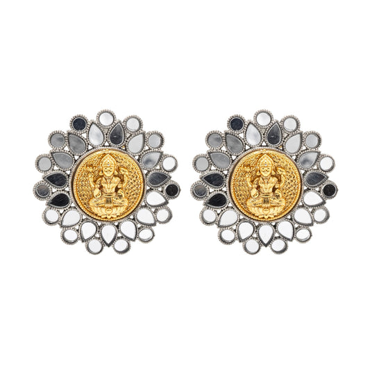 Dual Two Tone Mirror Design Flower Shape Stud Medium Sized Earring For Women (SJE_285)