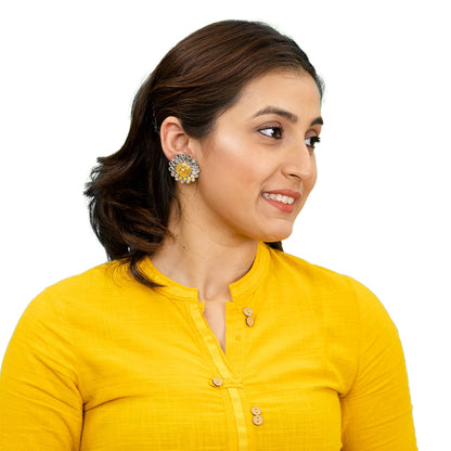 Dual Two Tone Mirror Design Flower Shape Stud Medium Sized Earring For Women (SJE_285)