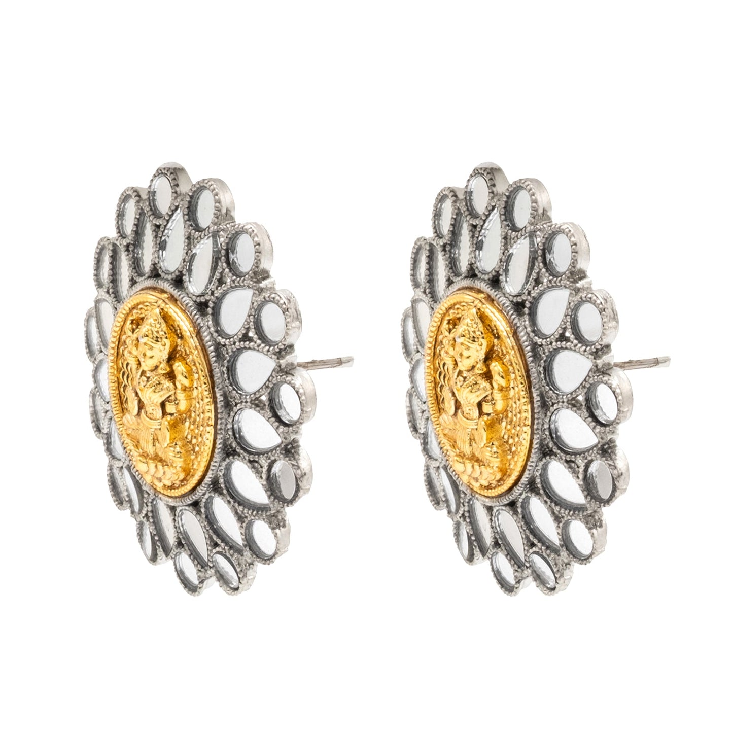 Dual Two Tone Mirror Design Flower Shape Stud Medium Sized Earring For Women (SJE_285)