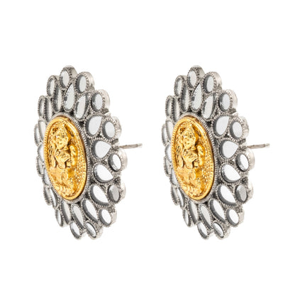 Dual Two Tone Mirror Design Flower Shape Stud Medium Sized Earring For Women (SJE_285)