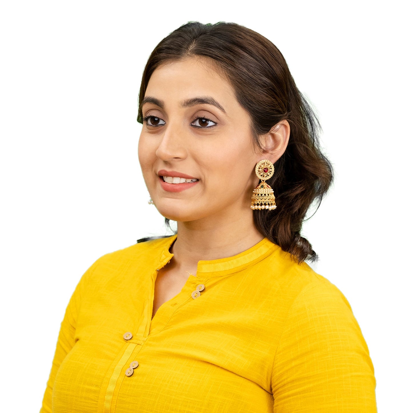 Traditional Indian Antique Gold plated CZ, Kundan, Pearl Studded Bridal Medium Jhumka Earring For Women (SJE_286)