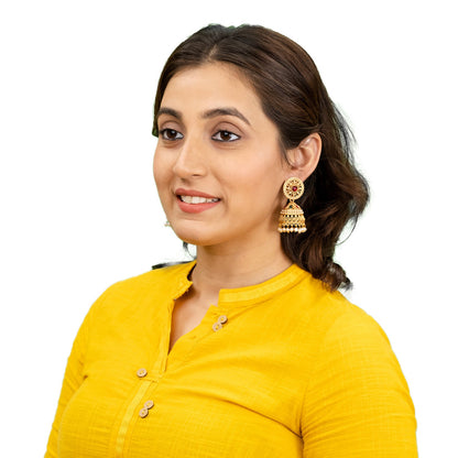 Traditional Indian Antique Gold plated CZ, Kundan, Pearl Studded Bridal Medium Jhumka Earring For Women (SJE_286)