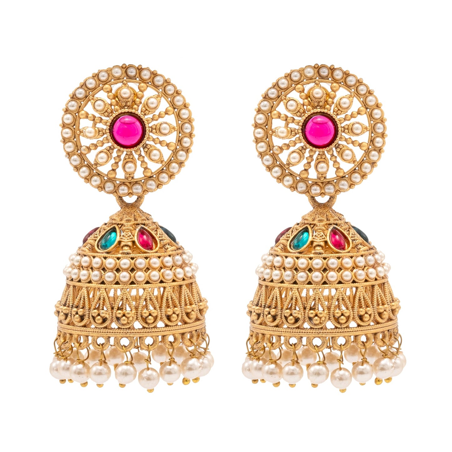 Traditional Indian Antique Gold plated CZ, Kundan, Pearl Studded Bridal Medium Jhumka Earring For Women (SJE_286)