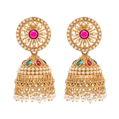 Traditional Indian Antique Gold plated CZ, Kundan, Pearl Studded Bridal Medium Jhumka Earring For Women (SJE_286)