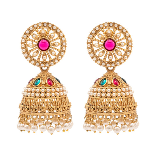 Traditional Indian Antique Gold plated CZ, Kundan, Pearl Studded Bridal Medium Jhumka Earring For Women (SJE_286)