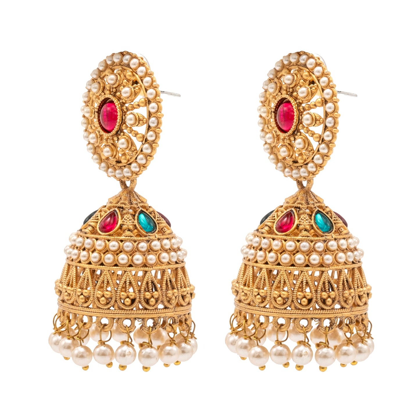 Traditional Indian Antique Gold plated CZ, Kundan, Pearl Studded Bridal Medium Jhumka Earring For Women (SJE_286)