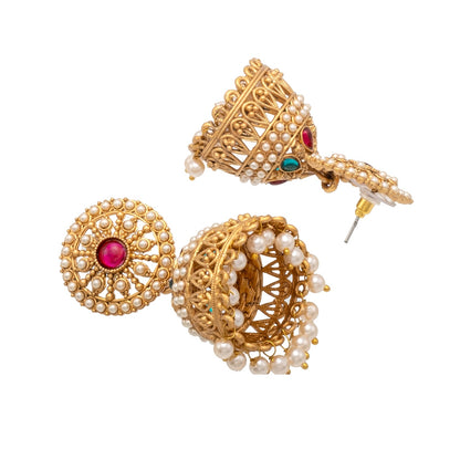 Traditional Indian Antique Gold plated CZ, Kundan, Pearl Studded Bridal Medium Jhumka Earring For Women (SJE_286)