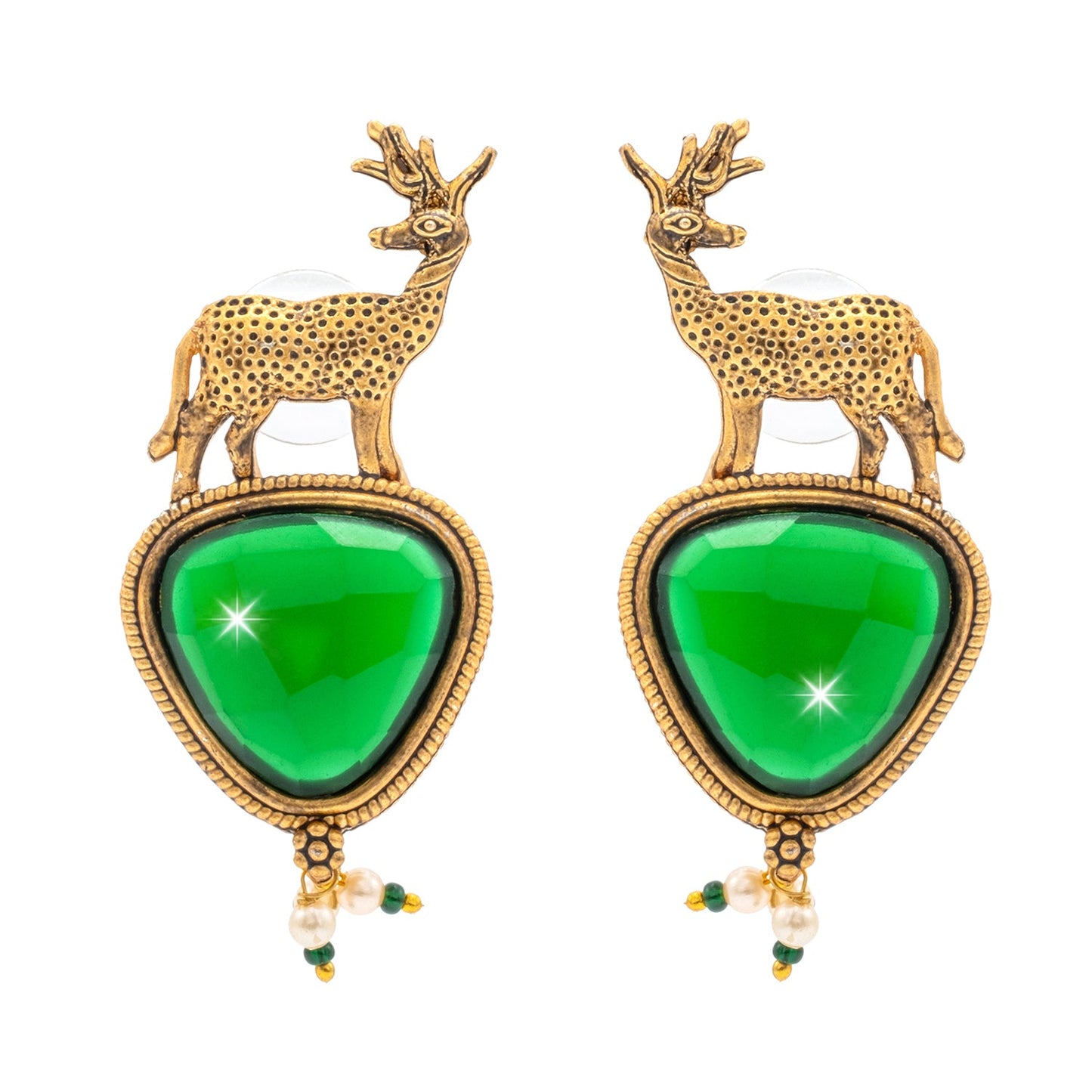 Traditional Indian Gold Plated CZ, Pearl Studded Deer Design Medium Drop Earring For Women (SJE_287_G_G)