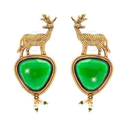 Traditional Indian Gold Plated CZ, Pearl Studded Deer Design Medium Drop Earring For Women (SJE_287_G_G)